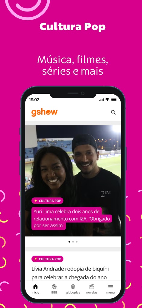 gshow: novelas, realities e + - Explore the app's dedicated Pop Culture section, showcasing trending entertainment news through visually appealing article previews and easy access to celebrity updates.