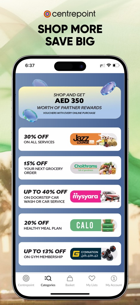 Centrepoint Online Shopping - The app highlights significant savings opportunities, including a banner for 'AED 350 worth of partner rewards' and specific offers such as '30% off on all services' from partners.