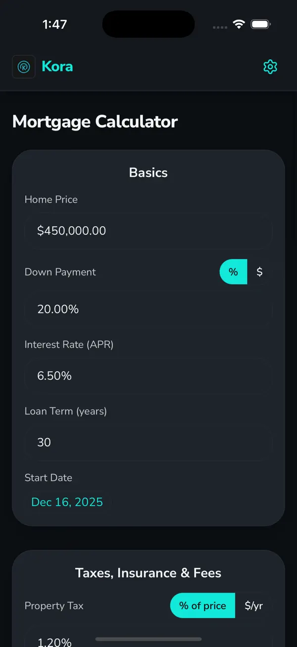 Kora Mortgage Calculator Screenshot 2