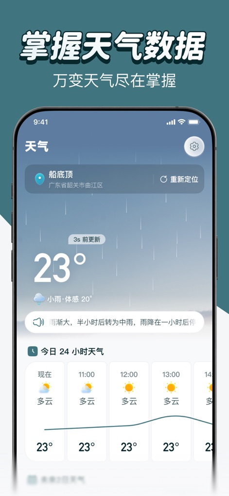精准定位指南针Pro-北斗定位测速海拔高度导航天气 - The app delivers current temperature readings with real-time updates and an intuitive 24-hour hourly forecast to anticipate weather changes.