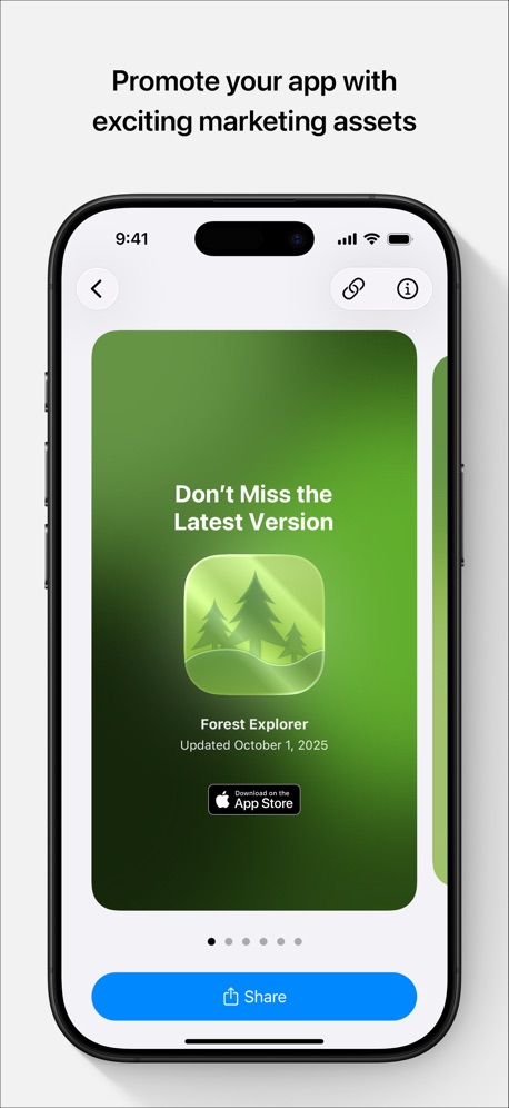 App Store Connect App Store screenshot 3, headline “Promote your app with exciting marketing assets”. A photograph.