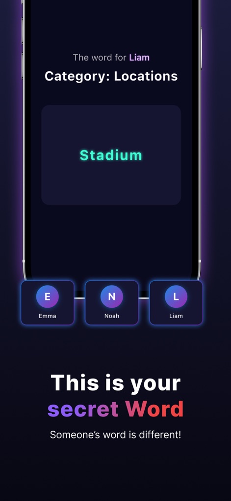 Imposter Game - Party Edition - Aquí se observa cómo la aplicación asigna la palabra secreta 'Stadium' a un jugador dentro de la categoría 'Locations', preparando el escenario para el engaño.