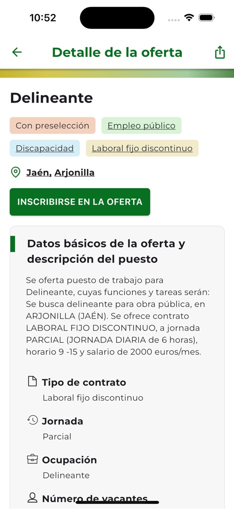 Servicio Andaluz de Empleo - Delve into specific job offer details, including the "Tipo de contrato" (Contract type) and a clear "Inscribirse en la oferta" (Apply for the offer) button.