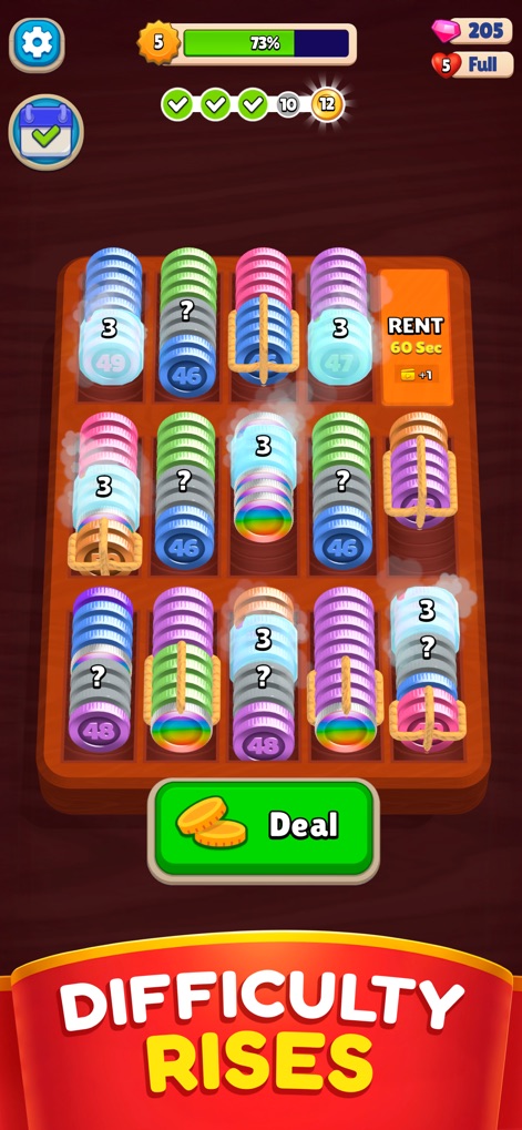 Pocket Sort: Coin Merge Puzzle - Observe the increasing difficulty as new coin types, such as the misty "ice coins" and enigmatic question mark coins, challenge users' sorting skills.