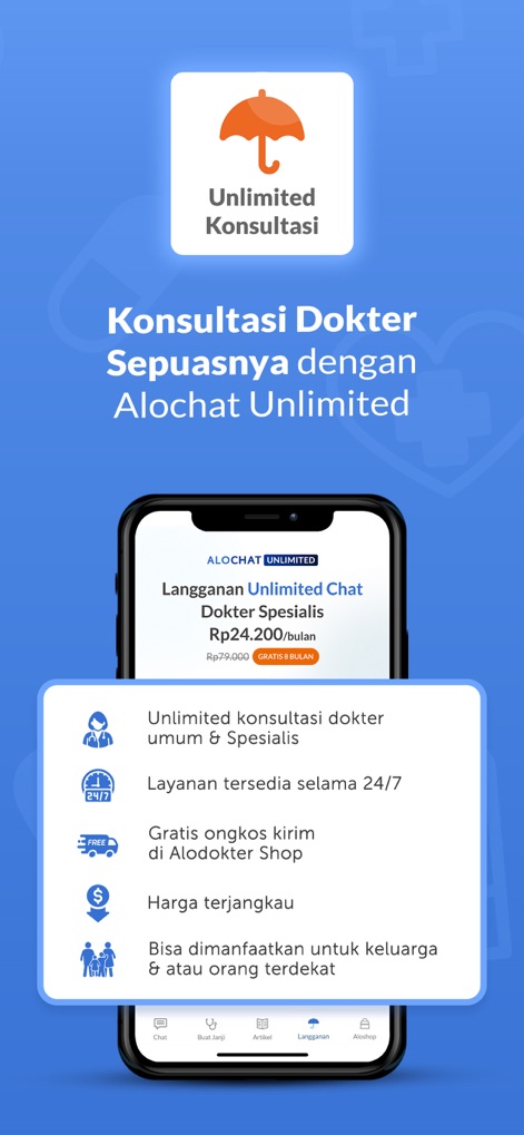 Alodokter: Chat Bersama Dokter - A imagem detalha o plano 'Alochat Unlimited', que oferece 'consultas ilimitadas com médicos gerais e especialistas' e 'frete grátis' na loja do aplicativo.