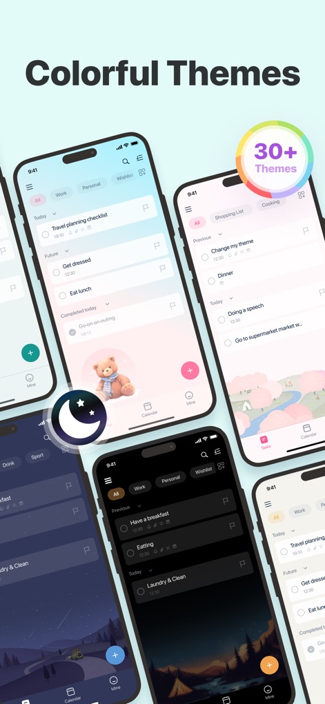 Todoery - Todo List & Reminder - Users can customize their experience with a wide array of 'colorful themes' and toggle 'Dark Mode' for aesthetic preference.