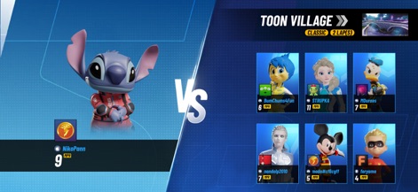 Disney Speedstorm - View the intuitive matchmaking interface, featuring Stitch as a player character and a clear display of other competing racers and their levels.