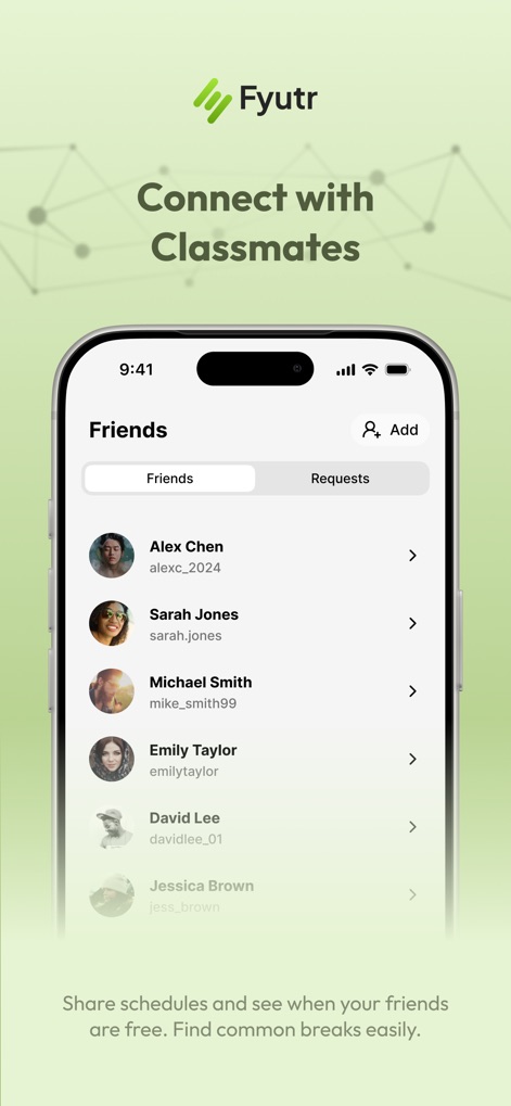 Fyutr - Student Calendar - The app facilitates social interaction, displaying a comprehensive 'Friends' tab and a list of contacts complete with individual 'profile pictures' for easy identification.