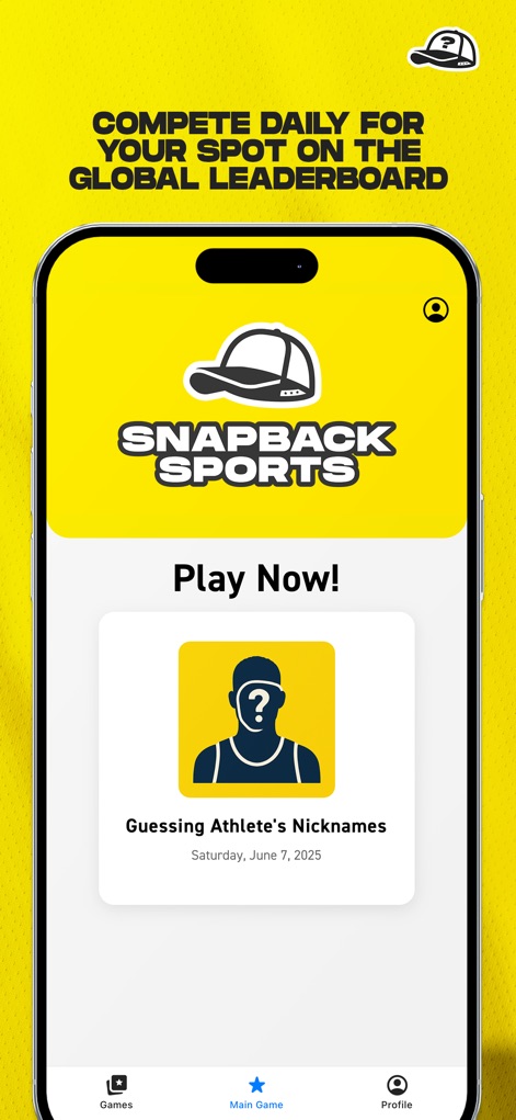 Snapback Sports Trivia - This screen highlights immediate access to the current daily game, such as 'Guessing Athlete's Nicknames', and a prominent 'Play Now!' button.