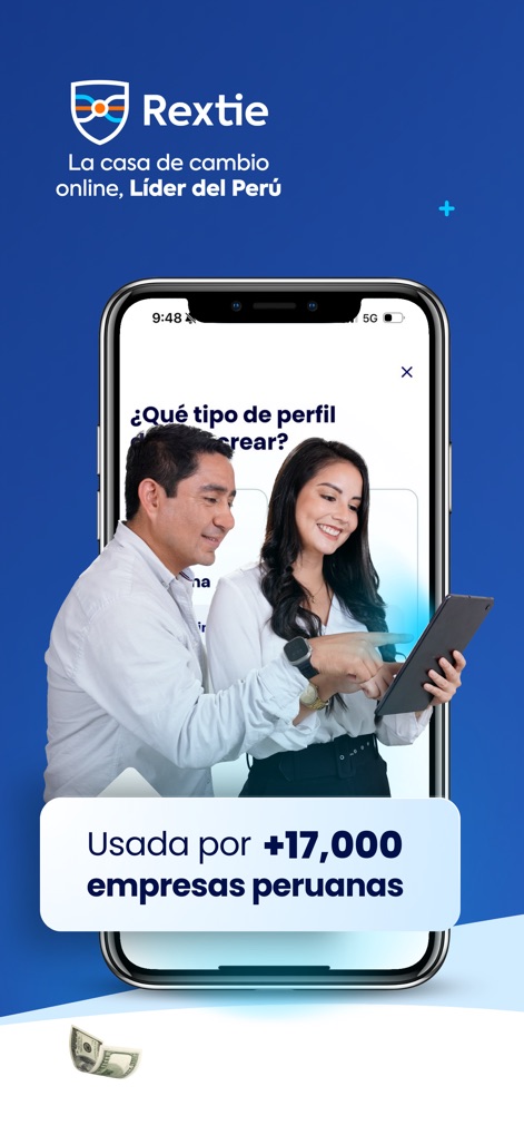 Rextie: Cambio de Dólares Perú - Cette image souligne l'adoption de l'application par plus de 17 000 entreprises péruviennes et la flexibilité de créer différents types de profils, adaptés aux besoins professionnels.