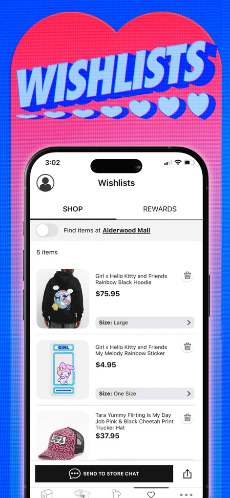 Zumiez - Explore personalized product listings showcasing diverse items like the 'Girl x Hello Kitty and Friends Rainbow Black Hoodie' and interact directly with local store employees via the 'Send to Store Chat' feature.