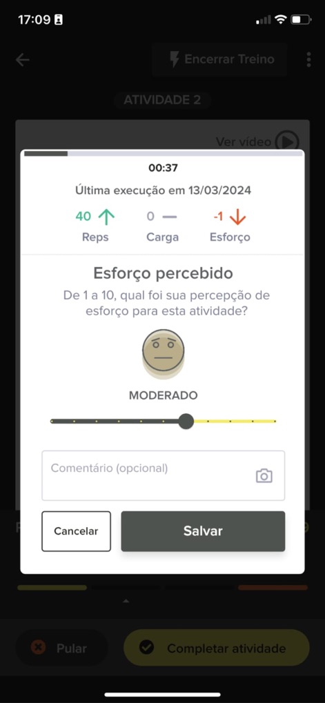 Tecnofit - 사용자는 훈련 활동 후 체감 노력도를 1부터 10까지의 척도로 평가할 수 있으며, 이와 함께 이전 운동 대비 반복 횟수 및 부하 변화를 한눈에 볼 수 있습니다.