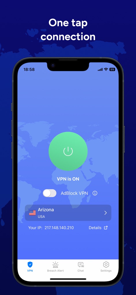 VPN Proxy Master - VeePN - Users can effortlessly activate their secure connection with the prominent one-tap VPN toggle and view their current virtual 'location (Arizona, USA)' directly on the main screen.