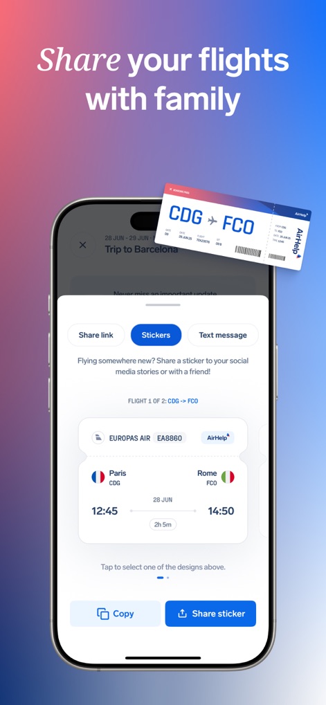 AirHelp・Flight Tracker - Los usuarios pueden mantener a sus seres queridos informados "compartiendo el estado del vuelo" a través de un "sticker personalizable" o un mensaje.