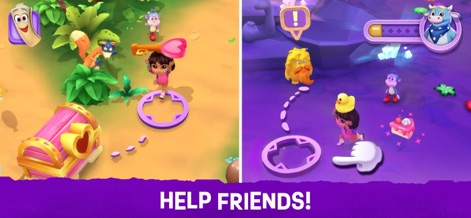 Dora: Explore and Play! - 사용자는 열쇠 모양의 아이템을 찾아 숨겨진 보물 상자를 열고, 점선으로 표시된 길을 따라 친구들을 돕는 협동 미션을 수행하며 모험을 즐길 수 있습니다.