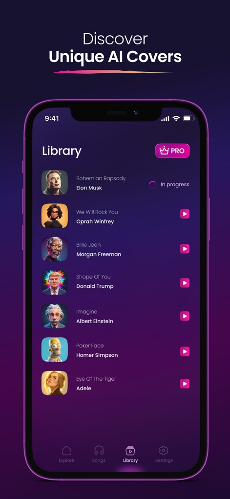 Coverly: AI Song Generator - The app features a comprehensive library where users can manage their generated covers, each entry showcasing a unique voice avatar alongside the song title.