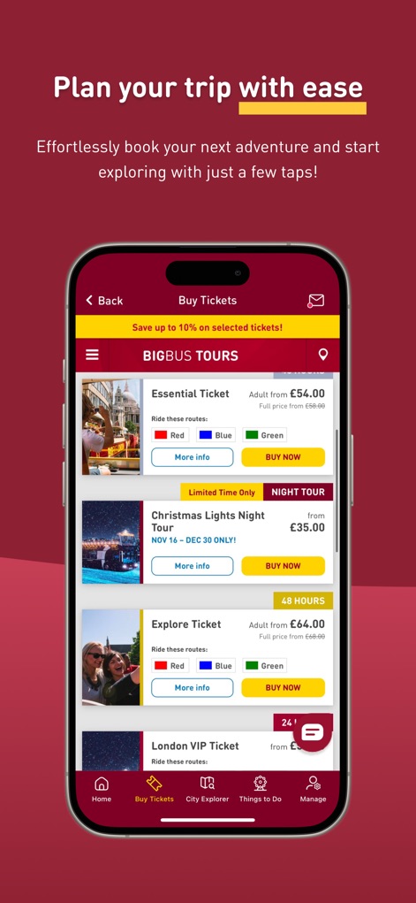 Big Bus Tours - Users can effortlessly browse and select from various tour options, such as the 'Essential Ticket' or 'Christmas Lights Night Tour', with clear 'Buy Now' buttons for quick booking.