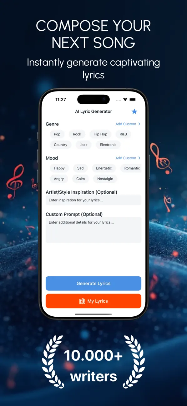 AI Lyric Generator GhostWriter iOS app screenshot showing feature 1