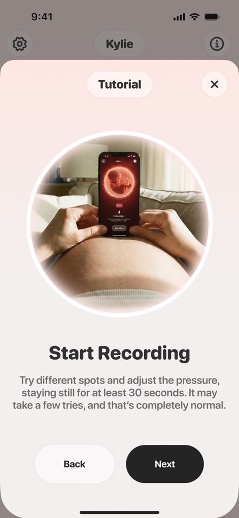 Baby Heartbeat Monitor - Molio - The final tutorial stage presents a visual of the phone displaying the app interface and offers guidance on trying different spots for successful detection.