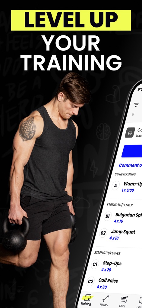 TrainHeroic: Strength Training - The app provides a clear workout plan with specific exercises like 'Bulgarian Split Squats' and 'Calf Raise' for a structured training session.