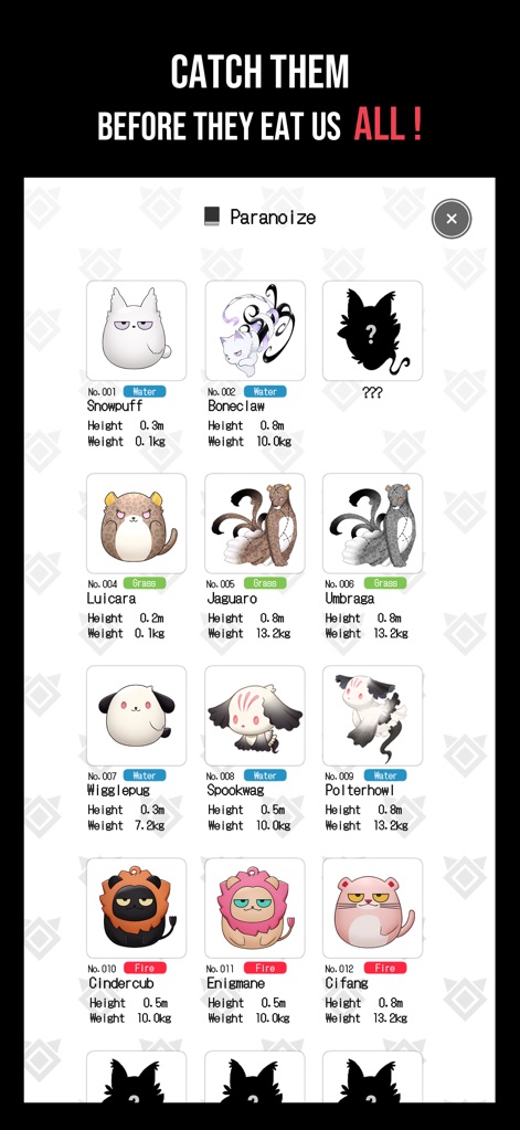 Paranoize - Peruse the comprehensive monster collection grid, offering detailed stats and types for each creature, from 'Snowpuff' to 'Cinderclub'.