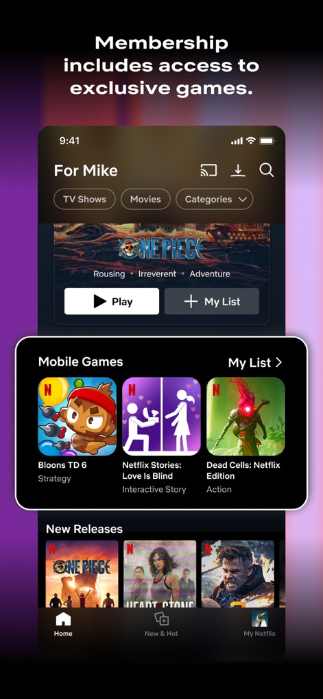 Netflix - The app offers a dedicated "Mobile Games" section with exclusive titles, accessible through personalized user profiles like "For Mike".