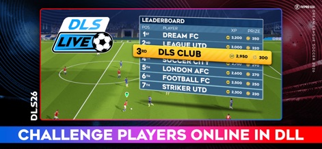 Dream League Soccer 2026 - La tabla de clasificación 'Leaderboard' muestra la posición de diferentes clubes como 'Dream FC' y 'DLS Club', junto a la distribución de puntos de experiencia (XP) y premios, fomentando la competición.
