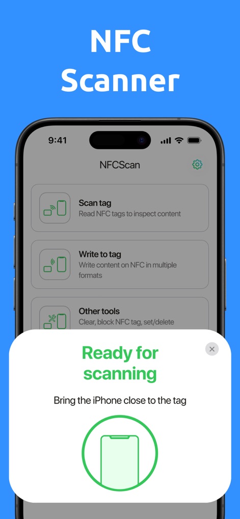 NFC Reader & Scannerㅤ - The app's clear main interface features a prominent "Scan tag" option and an informative "Ready for scanning" visual prompt.
