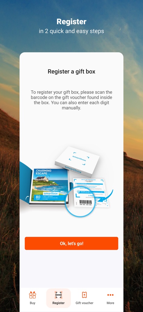 Smartbox® - This screen details the simple gift box registration process, illustrating barcode scanning functionality and featuring a prominent 'Ok, let's go!' button for easy initiation.