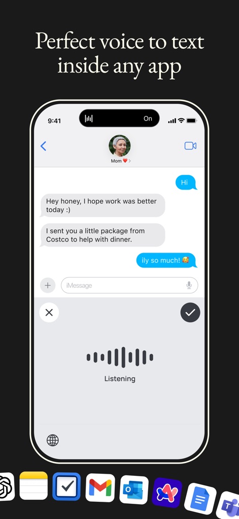 Wispr Flow: AI Voice Keyboard - Nutzer können ihre gesprochenen Worte direkt in Text umwandeln, wie in der angezeigten iMessage-Konversation ersichtlich, wobei die „Listening“-Anzeige die aktive Spracherfassung visualisiert.