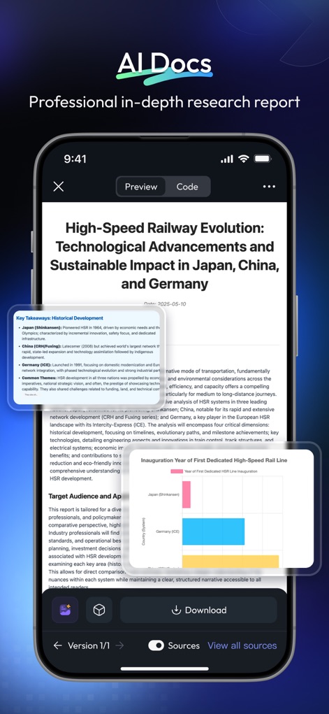 Skywork - O recurso "AI Documents" é evidenciado, mostrando um relatório detalhado sobre "High-Speed Railway Evolution: Technological Advancements and Sustainable Impact" ao lado de um gráfico de barras que ilustra o "Inauguration Year of First Dedicated High-Speed Rail Line".