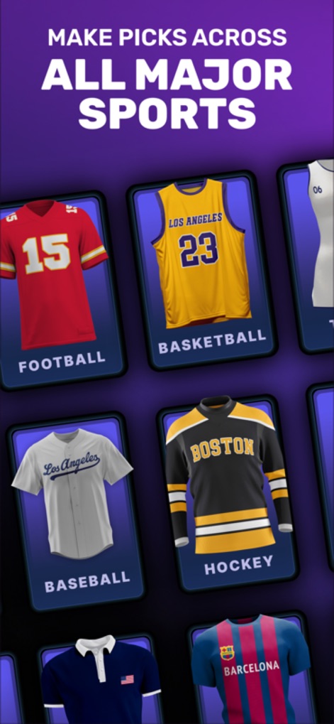 Onyx - Sports Picks - Users can explore predictions across a wide array of sports, visually represented by iconic jerseys and clearly categorized selections for Football and Basketball.