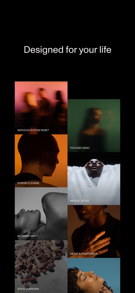 Open: Breathwork + Meditation - Esta vista presenta una biblioteca diversa de categorías temáticas como 'NERVOUS SYSTEM RESET' y 'MENTAL DETOX', ilustradas con imágenes evocadoras que reflejan los beneficios de las prácticas de Open.