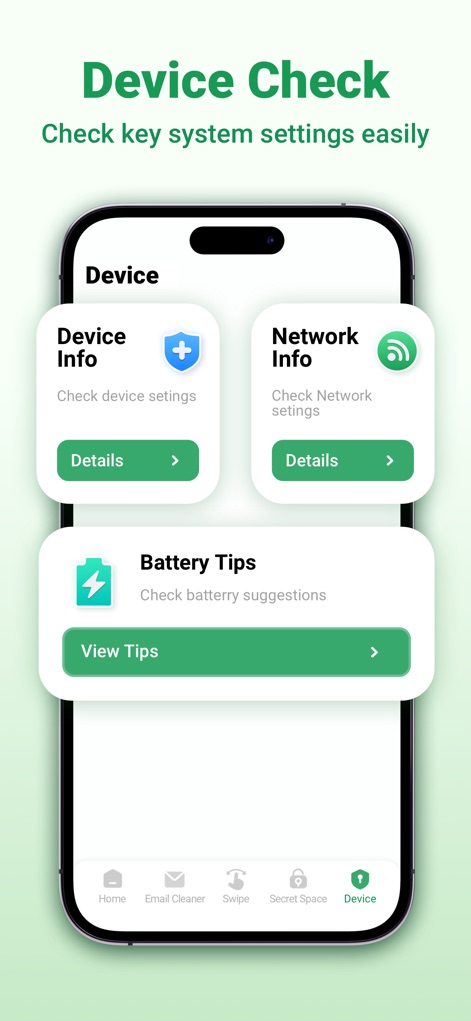 Smart Cleaner - Pro Security - This tool provides quick access to essential device information, including system settings and network details, alongside helpful battery optimization tips.