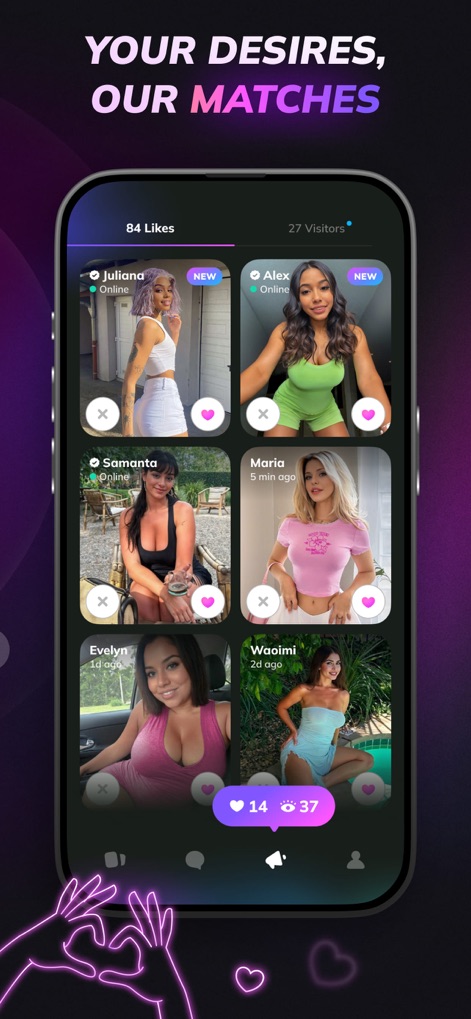 Flirtini - Match, Chat, Flirt - The app presents a comprehensive gallery of potential matches, clearly displaying "Online" status indicators and counters for "Likes" and "Visitors."
