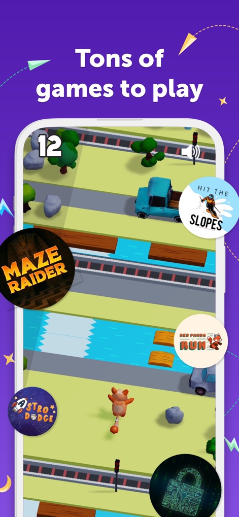 Kinzoo: Fun All-Ages Messenger - Esta captura destaca a vasta seleção de minijogos, como 'Maze Raider' e 'Red Panda Run', proporcionando entretenimento interativo aos usuários.