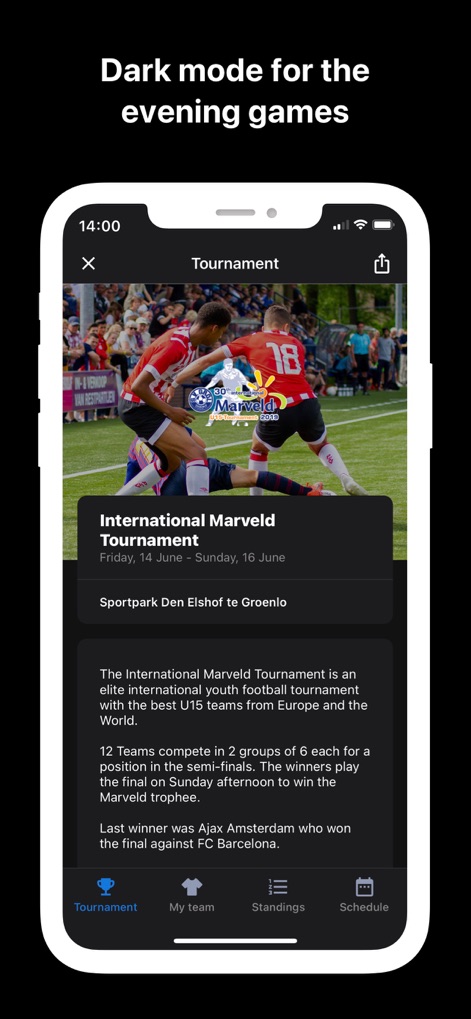 Tournify - Experience enhanced readability with the app's dark mode, featuring a sleek interface for detailed tournament information and an immersive visual header.