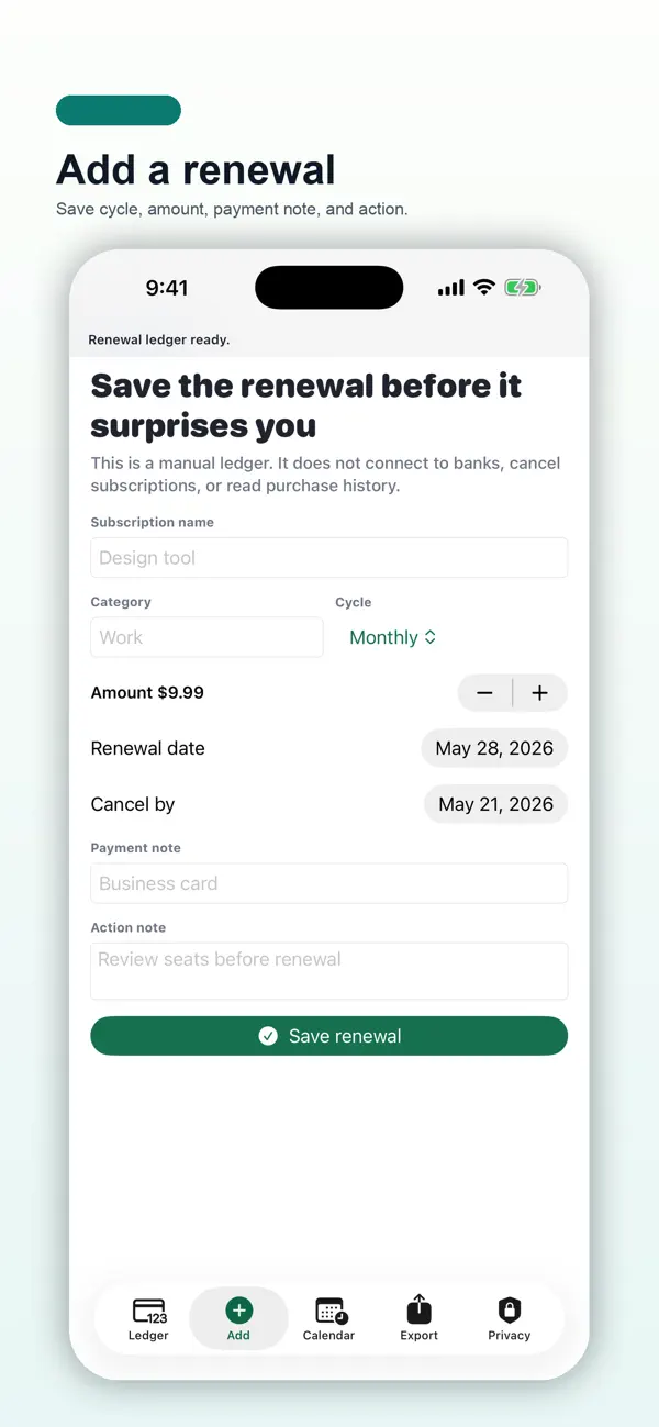 Screenshot #2 pour Subscription Renewal Ledger