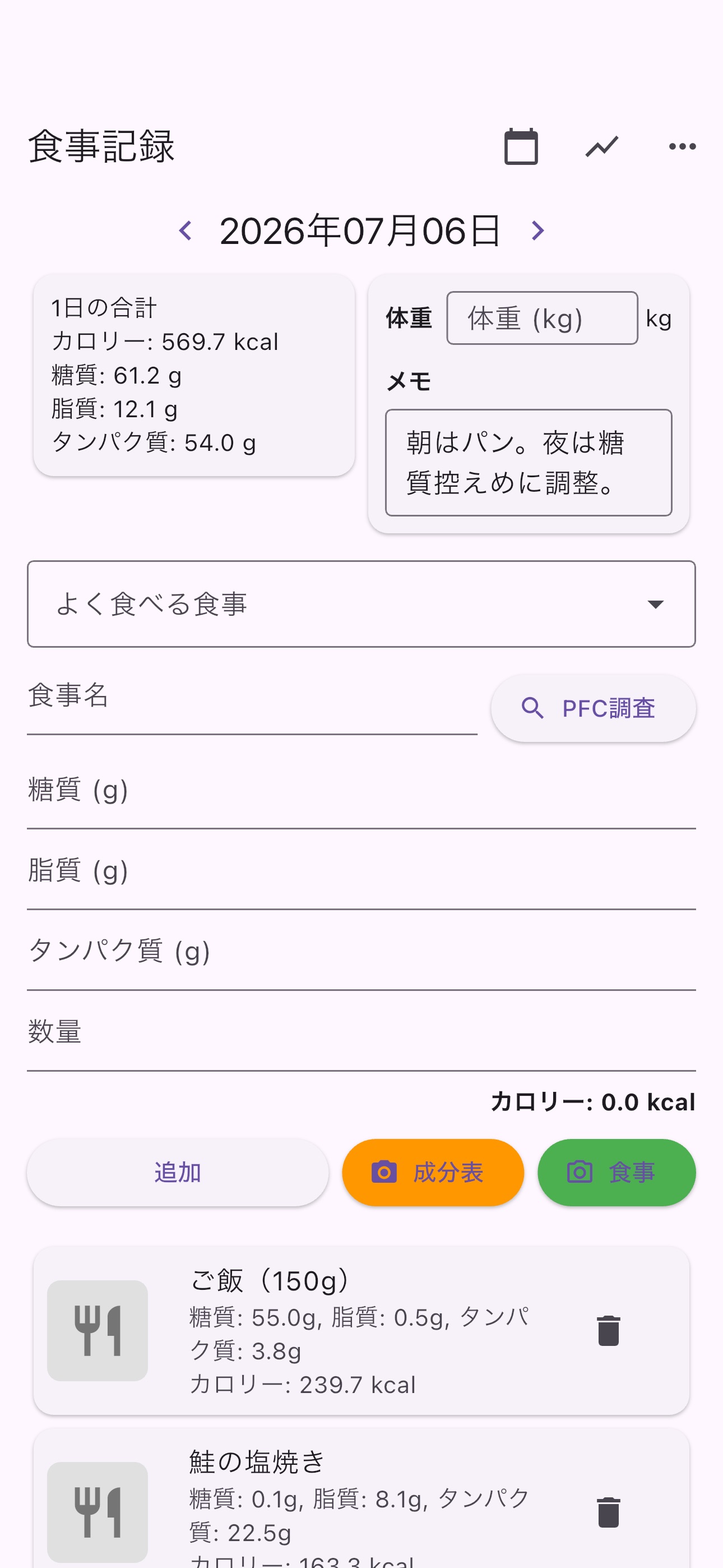 Screenshot 1 of Daily Bites - PFCバランス記録