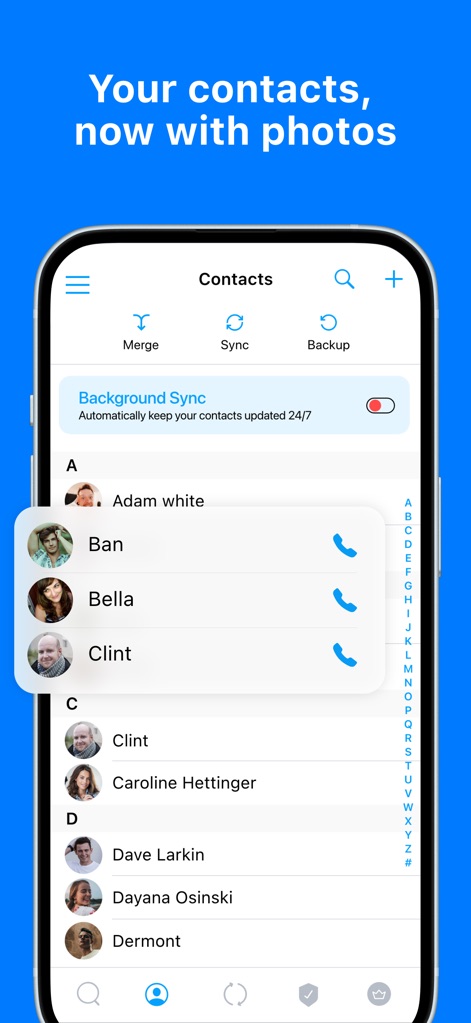 Sync.me - Caller ID & Contacts - O aplicativo enriquece a lista de contatos dos usuários, preenchendo-a com fotos de perfil reais para entradas como "Adam white" e "Bella", e oferecendo recursos de organização como "Merge" e "Sync".