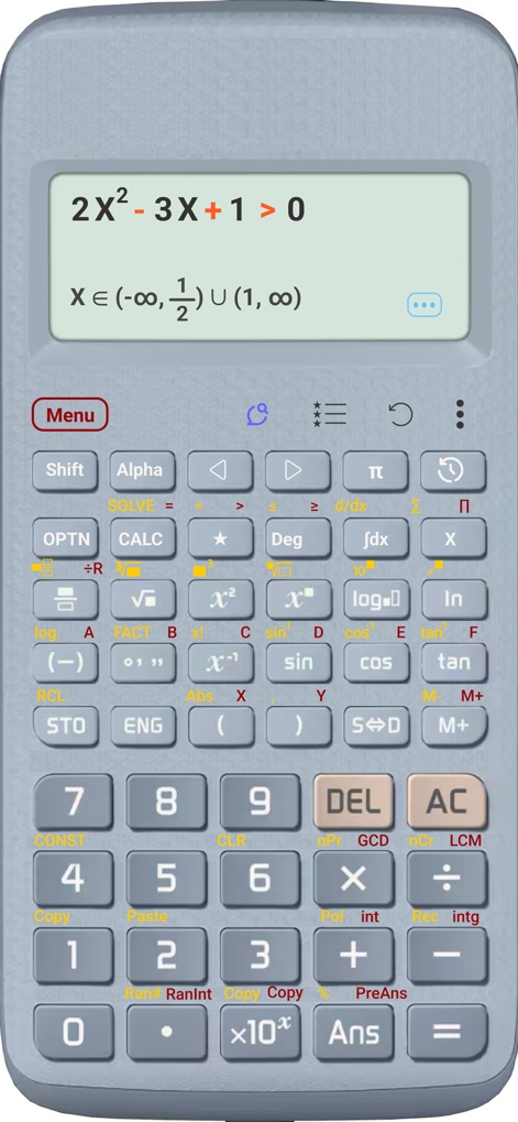 Scientific Calculator fx-991 - La aplicación presenta la resolución de una desigualdad cuadrática compleja, mostrando el resultado en notación de intervalos, todo ello integrado en la interfaz clara y funcional del tema de color gris claro.