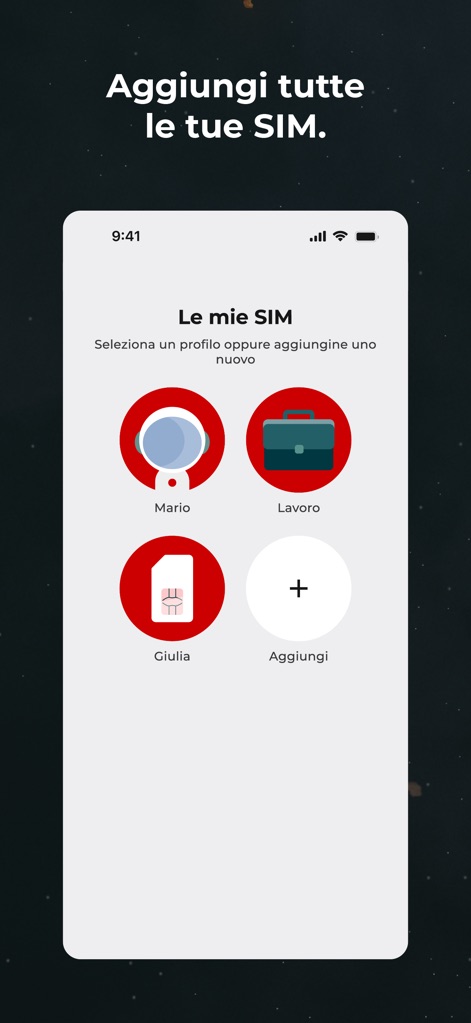 iliad - This tool allows users to efficiently manage multiple SIM profiles, each identifiable by a custom icon, and easily add new numbers via a prominent 'Add' button.