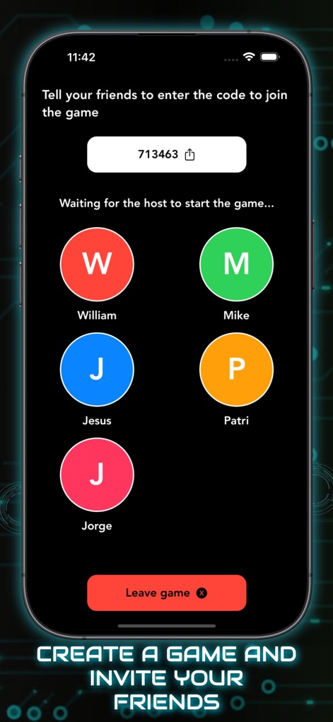 Imposter Party™ Word Game - This screen illustrates how players can invite friends using a unique game code, visible alongside the list of joined players.