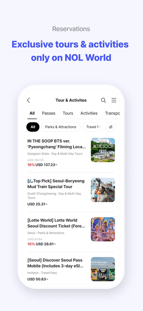 NOL World - The app showcases exclusive tours and activities, such as 'IN THE SOOP BTS ver. Filming Location,' offering convenient filtering options for 'Tours' and 'Activities'.