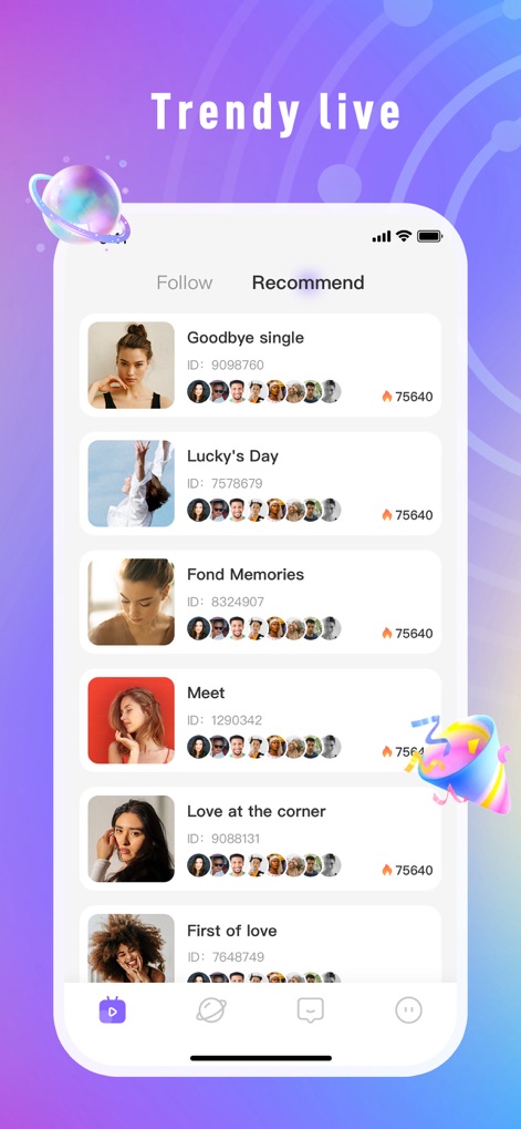 Nala Chat - Explore the app's "Recommend" tab to discover a dynamic feed of live streams, showcasing current broadcasters and their engaging content with participant counts.