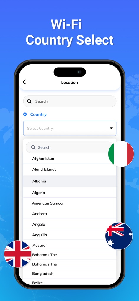 Wifi Password on Map Wifi View - Users can easily select a specific country from an extensive list, aided by a search function and visible country flags, to tailor their Wi-Fi search.
