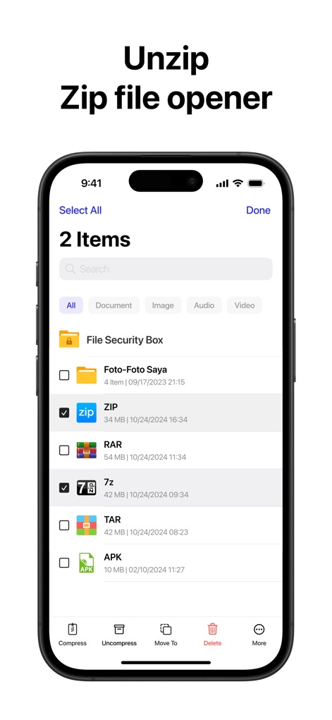 Zip & RAR & 7z File Extractor - Users can efficiently manage archives with batch selection checkboxes and perform quick actions such as Uncompress or Compress directly from the interface.