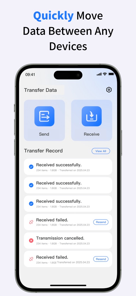 Data Transfer Move to OS - Gain insight into the app's efficient 'Transfer Record' logging, where users can review successful and failed transfers, alongside clear 'Send' and 'Receive' options for managing data flow.