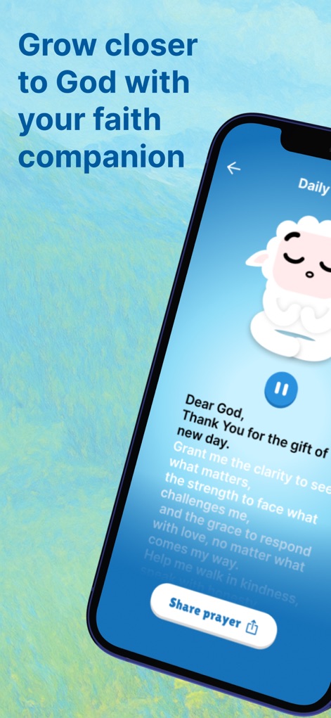 Creed: Bible Chat & Companion - This screenshot highlights the app's capacity for personalized prayer experiences and the convenient option for users to share uplifting messages with others.