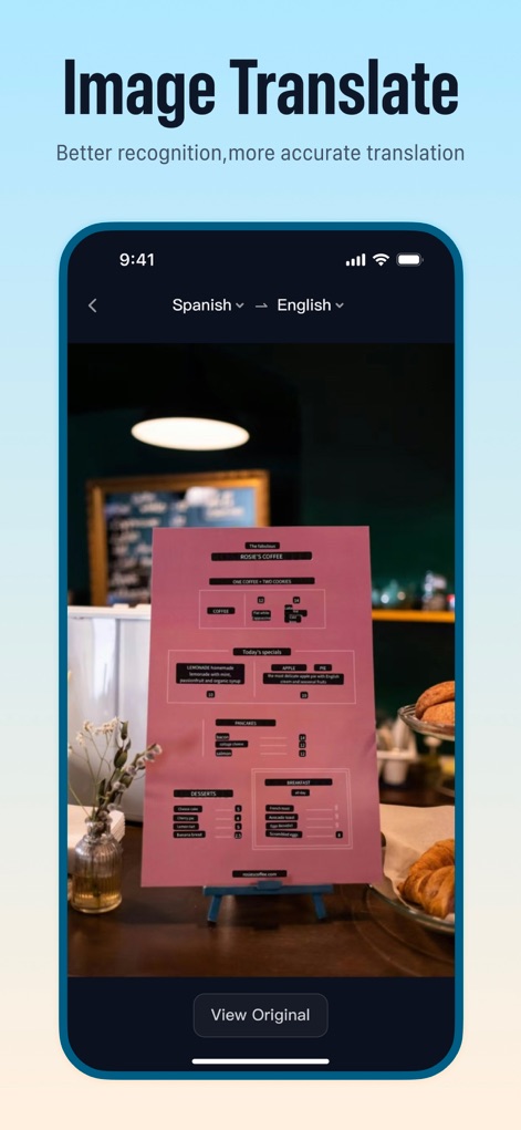 TransGull - AI Live Translator - O aplicativo permite traduzir textos diretamente de imagens, como um menu de restaurante exibido em espanhol. A interface inclui um botão "View Original" para comparação imediata e clareza.